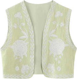 Women Embroidered Floral Vest Top Vintage Sleeveless Linen Open Front Cardigan Cropped Vest Shirt Small C-mint Green