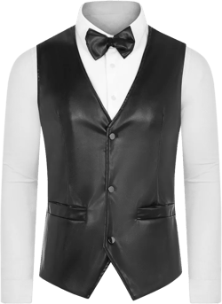 Lars Amadeus Men's Western PU Faux Leather Waistcoat Vest with Bow-Tie Black XX Large