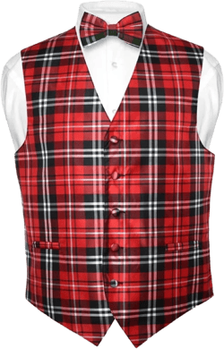 Men's Plaid Design Dress Vest & BOWTie Black Gray White BOW Tie Set X-Large Black Red White