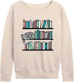 Instant Message - Cat Book Shelf - Women's Lightweight French Terry Long Sleeve Shirt Birch 3X