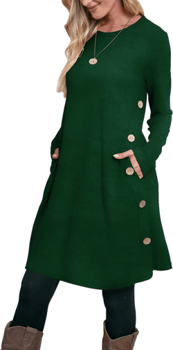 OFEEFAN Long Sleeve Dress for Women Crew Neck Tunic Dress with Pockets Buttons Side Ed- Emerald Green Small
