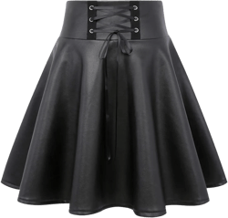 IDEALSANXUN Gothic Plaid Mini Skirts for Women Short High Waist Plaid Skirts Medium Leather Black