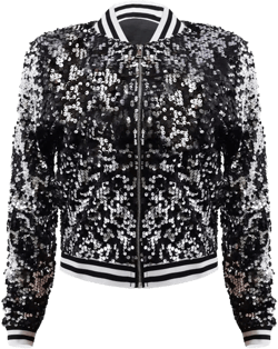 Women Sequin Jacket Long Sleeve Front Zipper Ribbed Blazer Bomber Jacket