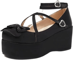 Elbslutt Womens Goth Mary Jane Shoes Platform Kawaii Cosplay Girls Lolita Shoes Round Toe Buckle Strap Chunky Wedge Heel Bow Lace Satin Bow Y2k Ankle Strap Dress Pumps Shoes Oxfords 10.5 Black