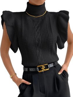 GORGLITTER Women's Short Sleeve Sweater Vest Cable Knit Turtleneck Sleeveless Pullover Tank Tops Small Black