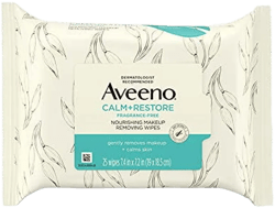 Kayronica Ecom LLC Aveeno Calm + Restore Nourishing Makeup Remover Face Wipes, 100% Plant-Based Cloth, Fragrance-Free Facial Towelettes with Oat Extract & Calming Feverfew, Hypoallergenic, 25 ct