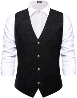 Hi-Tie Men's Suede Leather Vest Western Cowboy Vest Slim Fit Sleeveless V Neck Waistcoat Casual Large Black