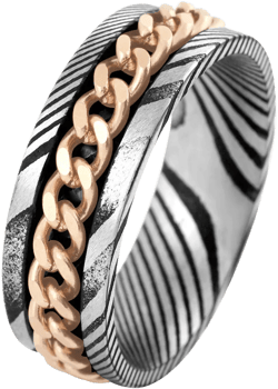 Magnificent 8mm Flat Band Antiqued Black and Silver Damascus Steel Band Ring with Awesome Rose Gold Cuban Link Chain Inlay