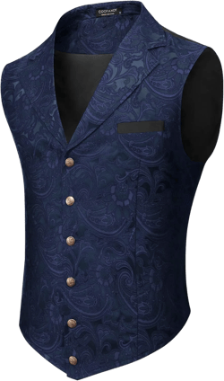 COOFANDY Mens Suit Vest Paisley Floral Victorian Vests Gothic Steampunk Formal Waistcoat Tuxedo Vests with Notched Lapels Large Navy Blue