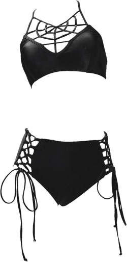 MEOWCOS Gothic Dark Style Swimsuit Black Spiderweb Chest Top Lace up Bottom Two-piece Swimsuit X-Large Black