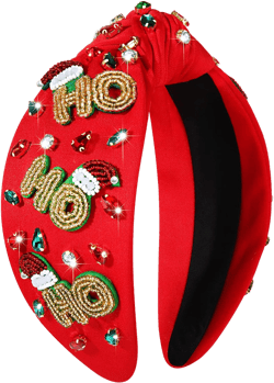 Christmas Headband for Women Holiday Christmas Accessories Beaded Xmas Bow Tree Snowflake HOHOHO Knotted Headband Red Green Crystal Pearl Top Knot Hairband Festive Holiday Gifts (HOHOHO 4)