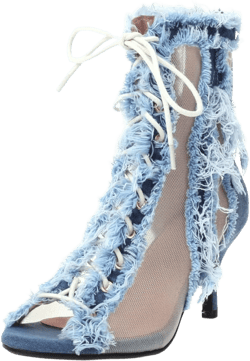 SHEMEE Women's Denim Patchwork Mesh Peep Toe High Heels Sandals Booties Lace Up Summer Open-toe Back Zipper Short Ankle Boots