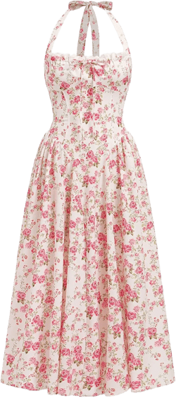 Women Floral Corset Dress Summer Dresses Boho Flowy Adjustable Halter Neck Lace Up Midi Dresses A Line Casual Sundress Small Red White