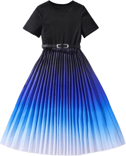 Hilinker Girls Short Sleeve Pleated Dress Summer Ribbed Crew Neck Dresses with Belt 11-12 Years Black Blue Gradient