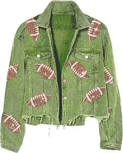 chouyatou Women Fall Sequin Rugby Distressed Corduroy Jacket Lightweight Frayed Oversized Denim Jacket Small Green