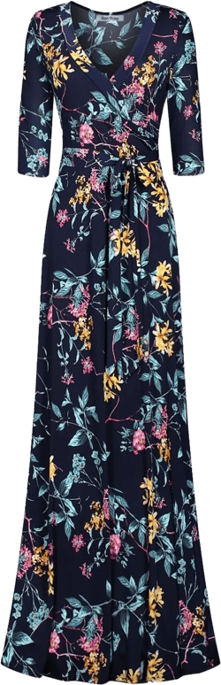Women's Super Stretchy Maxi Party Dress Spring Floral Print Faux Wrap 3/4 Sleeve V-Neck