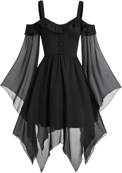 Gothic Dress Women Halloween Witch Costume Vintage Masquerade Dresses Renaissance Flare Sleeves Lace Dress 01-black 4X-Large