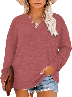 Gloria&Sarah Womens Plus Size Tops Long Sleeve Henley Shirts Fall Fashion Oversized Sweatshirt Tunic Sweaters L-4XL Pink X-Large