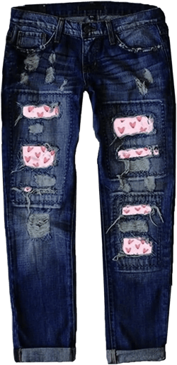 Boyfriend Jeans for Women Heart Patch Ripped Distressed Summer Straight Trousers Denim Pants Medium Dark Blue