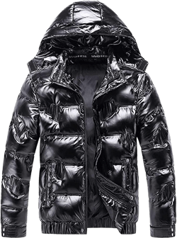NATHGAM Mens Shiny Puffer Jacket Metallic Sparkly Fashion Winter Plus Size Coat Jackets Thicken Warm Padded Coats with Hood X-Large Black
