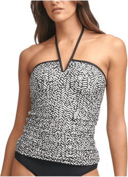 CALVIN KLEIN Women's Black Printed V-Wire Removable Cups Stretch UV Protection Tie Halter Tankini Swimsuit Top M