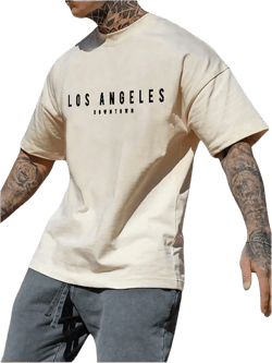 GORGLITTER Men's Crewneck T Shirt Letter Graphic Short Sleeve Casual Drop Shoulder Oversized Tee X-Large Khaki Letter