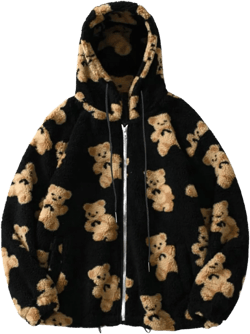 Sherpa Hooded Jacket For Women Fuzzy Fleece Cute Teddy Bear Print Coat Zip Up Long Sleeve Outwear With Pocket #01 Black Medium
