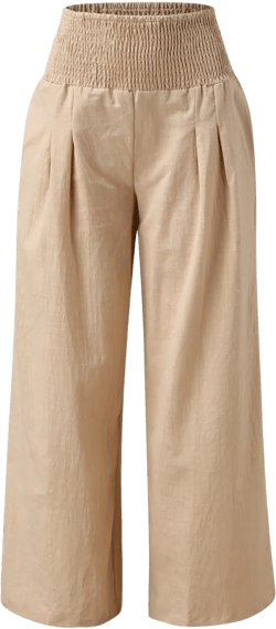 Women Linen Palazzo Pants Elastic Waisted Flowy Wide Leg Beach Pant Summer Stretchy Loose Fit Casual Trousers with Pocket Medium #W - Khaki