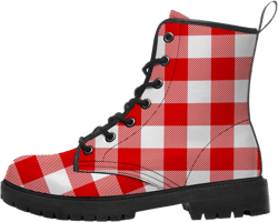 Women's Men's Plaid Print Combat Boots Ankle Booties White Red Tablecloth Plaid Hiking Boots,US Size 9 Mens/10.5 Womens
