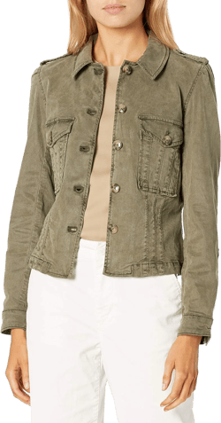 PAIGE Women's Pacey Cropped Denim Jacket Boxy Fit Utility Pocket Subtle Puff Sleeve in Crisp White X-Small Vintage Ivy Green