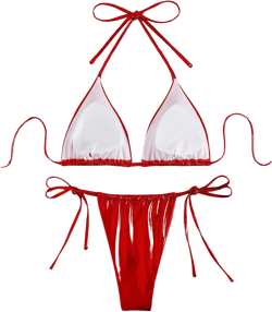 Verdusa Women's 2 Piece Bathing Suit Glitter Triangle Top Tie Side Thong Bikini Swimsuits Medium Red