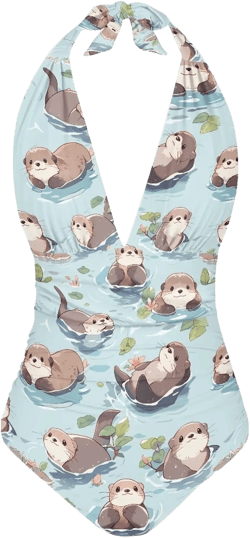 POLERO Women V Neck One Piece Swimsuit Halter Ruched Tummy Control Bathing Suit Backless Swimwear Small Otter