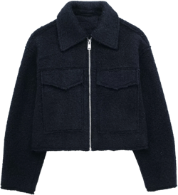hathne Women's Wool Coat Casual Copped Bomber Jacket Zip Up Fall Shacket Coat Outerwear with Pockets(Navy Blue,S)