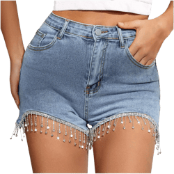 Rhinestone Fringe Shorts Women's High Rise Diamond Tassels Stretchy Casual Jean Shorts Vintage Distressed Hot Shorts Blue : Clothing, Shoes & Jewelry