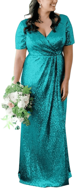 Sequin Bridesmaid Dresses Short Sleeve Wedding Party Formal V-Neck Backless Pleated Maxi Long Prom Gown 24 Plus Blue Green Aquamarine