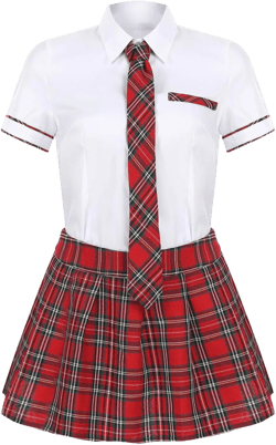 TiaoBug Women's Schoolgirl Uniform Set Cosplay Costume Short Sleeve Button Shirt with Plaid Pleated Skirt Tie White&red a 4X-Large