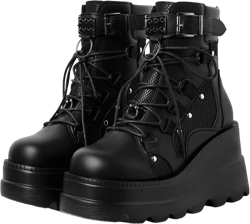 mikarka Holographic Platform Boots for Women, Lace Up Ankle Studded Buckle Goth Stacked Wedge Combat Ankle Boots