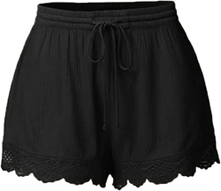 Shorts for Women Casual Elastic Waist Drawstring Yoga Lounge Shorts Comfy Stretch Lace Trim Summer Beach Linen Ruffle Shorts 5X-Large 1-black