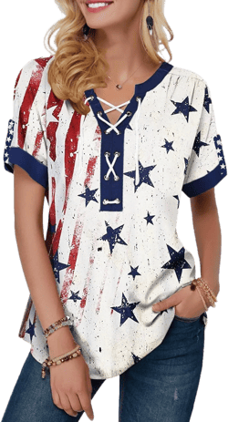 VILOVE American Flag Shirt Tops Women 4th of July T-Shirts Ring Hole Star Stripes USA Short Sleeve V-Neck Patriotic Tees