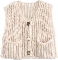 Women's Sleeveless Knit Cardigan Casual Button Down Cropped Knitted Sweater Vest with Pockets Beige Medium