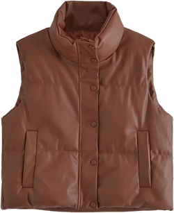 Zontroldy PU Leather Quilted Puffer Vest Women Stand Collar Zip Up Sleeveless Padded Lightweight Jacket Vest Waistcoat