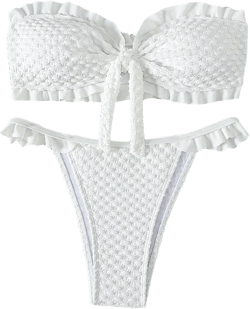 SHENHE Women's Ruffle Trim Strapless Swimsuits Tie Front Tube Top Bandeau Bikini Set White X-Small