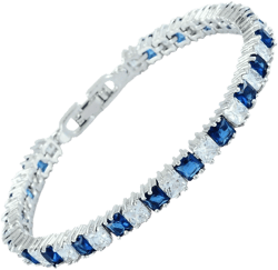 RIZILIA [Ice Cube] Princess Cut Multi-Color CZ 18K White Gold Plated Tennis Bracelet, 7" Blue