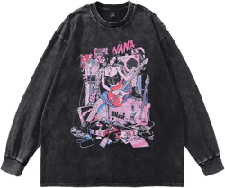Men Long Sleeve Shirt Cartoon Printed Long-Sleeved T-shirt Men and Women Idle Style Vintage Distressed