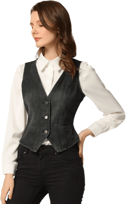 INSPIRE CHIC Women's Denim Sleeveless V Neck Button Down Casual Waistcoat Vest Large Black