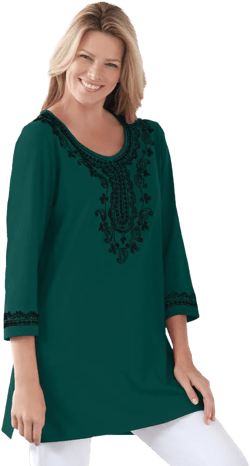 Woman Within Plus Size Embroidered Knit Tunic - 34/36, Emerald Green