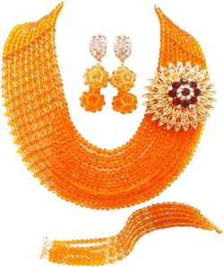 10 Rows Fashion African Wedding Beads Nigerian Beaded Jewelry Set Bridal Party Jewelry Sets Orange and Champagne Gold
