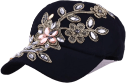 Bling Baseball Cap Women Lace Flower Rhinestone Denim Jean Snapback Hip Hop Hat One Size 01 Black