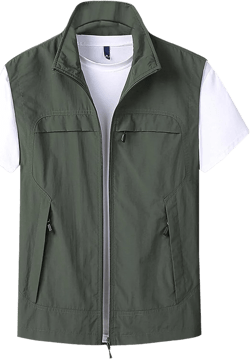 Gihuo Mens Casual Lightweight Travel Vest Summer Utility Safari Vest Sleeveless Jackets for Travel Hiking Fishing Medium Army