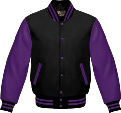 Varsity Letterman Black Wool & Balck Genuine Leather Sleeves Bomber Style Baseball Jacket 4X-Large Black Purple